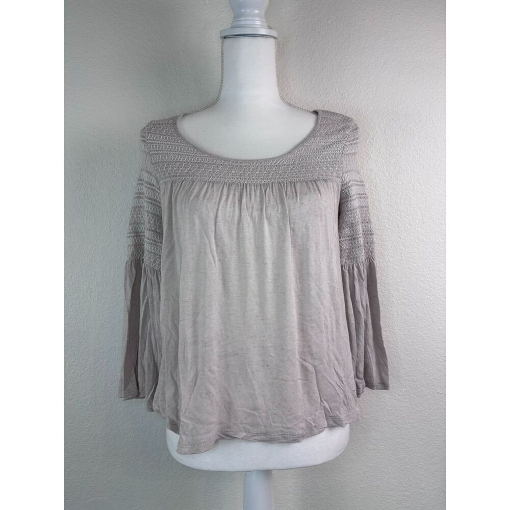 Free People Beach women's XS oatmeal 3/4 bell sleeve smocked‎ flowy crop top